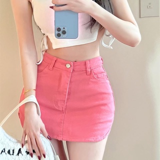 Image of Mini Skirts for Women Fashion 2022 Pink Korean Wrap High-waisted Hip Sexy Summer Tight Vintage Women's Denim Skirt Short Party