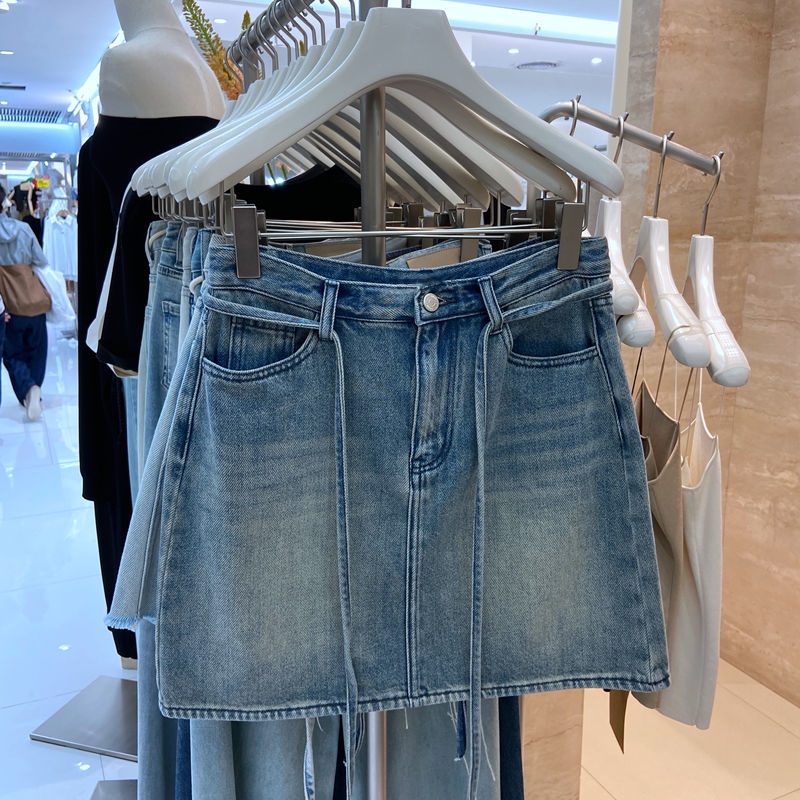 Jiashucheng Chân Váy Denim Chữ A Lưng Cao Thắt Dây Phong Cách Retro Mùa Hè Mỹ Hàng Mới 2023