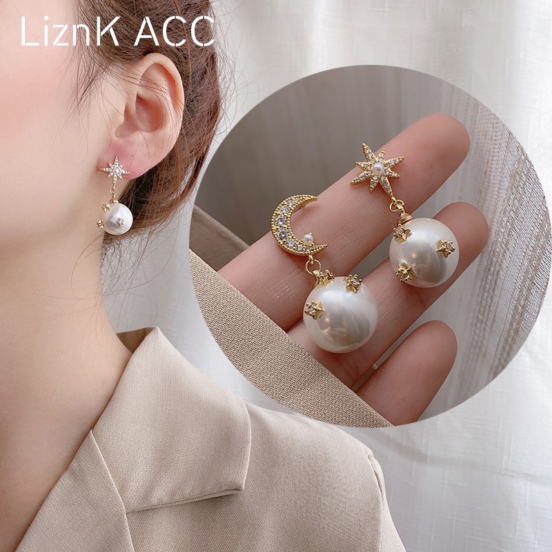 Đôi Khuyên Tai Dài Hình Mặt Trăng Và Ngôi Sao Đính Ngọc Trai Sang Trọng Cho Nữ