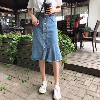 _ Chân váy jeans nút phối xoè một bên_ có ảnh thật nhé