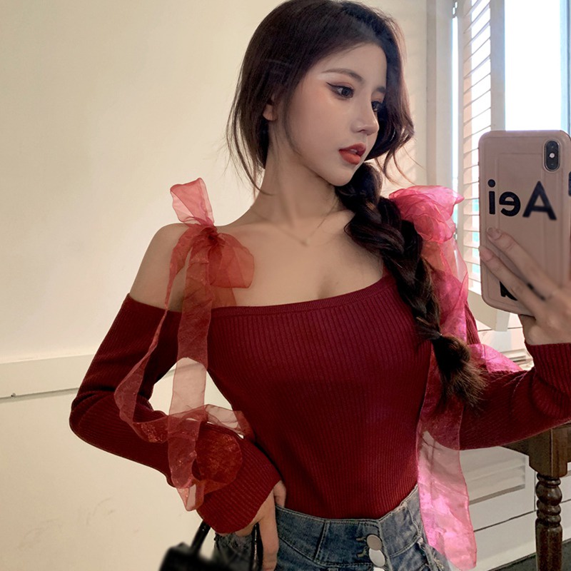 Áo Hai Dây Dệt Kim Màu Sắc Trơn Phối Lưới Đính Nơ Phong Cách Hàn Quốc Gợi Cảm Cho Nữ