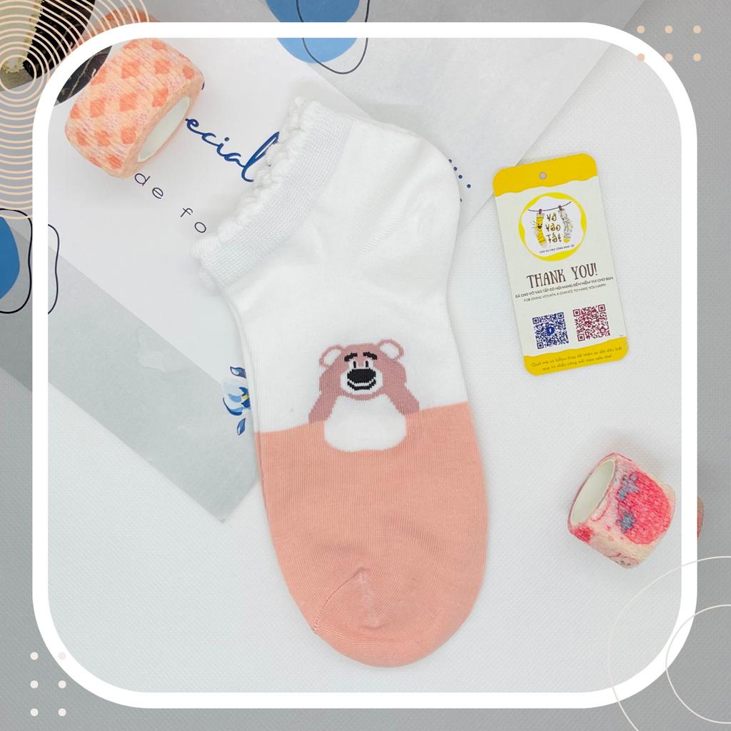 VỚ TẤT NỮ CỔ NGẮN VIỀN BÈO RĂNG CƯA GẤU DÂU LOTSO TÔNG HỒNG CAM