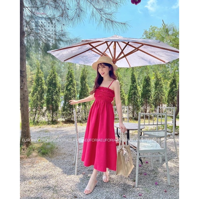 HOT🔥  Đầm Maxi Hai Dây Dáng Xoè Có Chun Ngực Kết Hợp Dây Đan Nơ Phía Sau Rất Thích Hợp Đi Biển