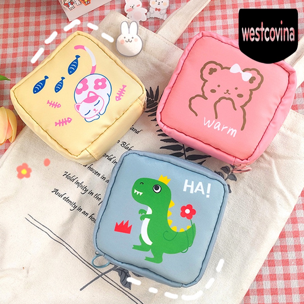 [Hot]☀ Túi Đựng Khăn Giấy Tampon Bằng Nylon Chống Nước Thiết Kế Khóa Kéo In Hoạt Hình Cho Nữ