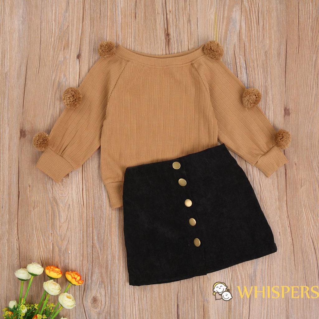 Bộ áo sweater dệt kim tay dài đính banh lông + chân váy phối nút thời trang mùa thu cho bé gái 2-7 tuổi