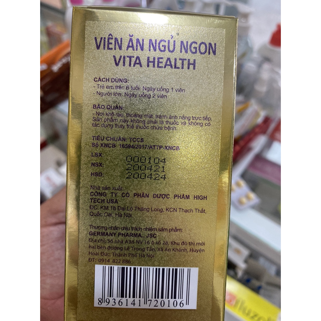 Viên ăn ngon ngủ ngon Vita health, giúp ngủ ngon, ăn ngon, tăng cường sức khỏe, hỗ trợ mất ngủ, chai 60 viên