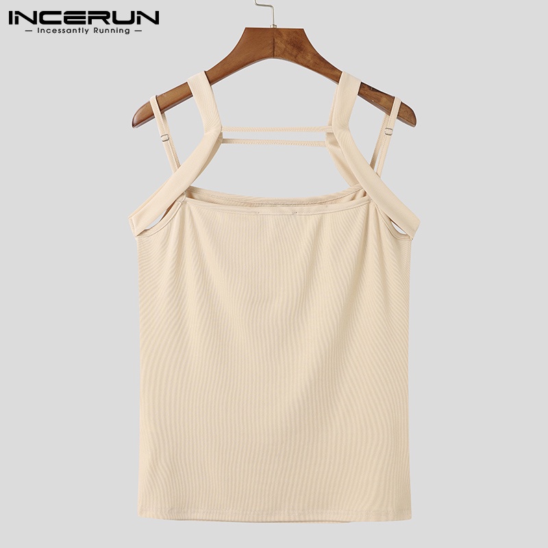 Áo tanktop INCERUN dáng ôm phối dây màu trơn thiết kế rỗng quyến rũ cho nam