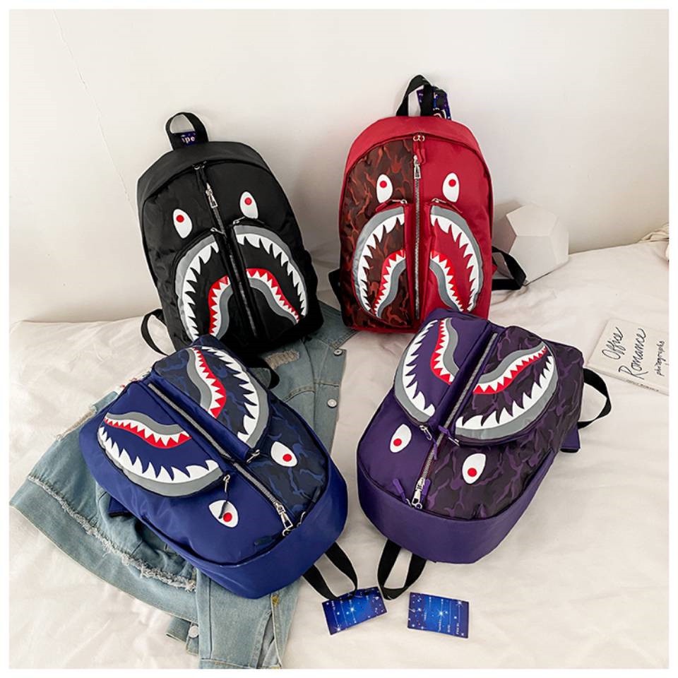 BAPE Ba Lô Học Sinh Graffiti Hình Cá Mập Phong Cách Mới Cho Nam Nữ