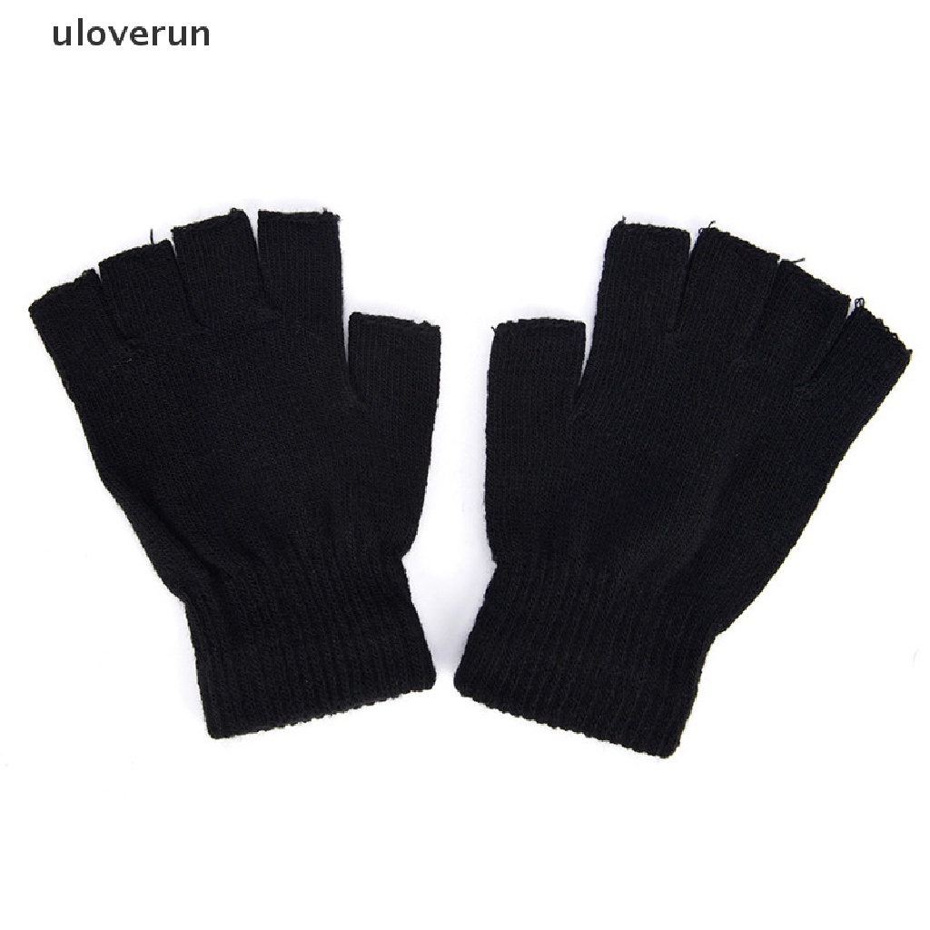 Găng Tay Len Hở Ngón Màu Đen Co Giãn Giữ Ấm Mùa Đông Cho Nam
