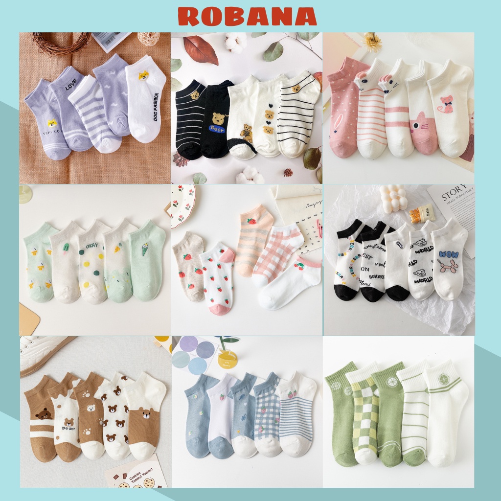 Combo 5 đôi vớ nữ cổ ngắn ROBANA dễ thương phong cách Hàn Quốc có túi kèm