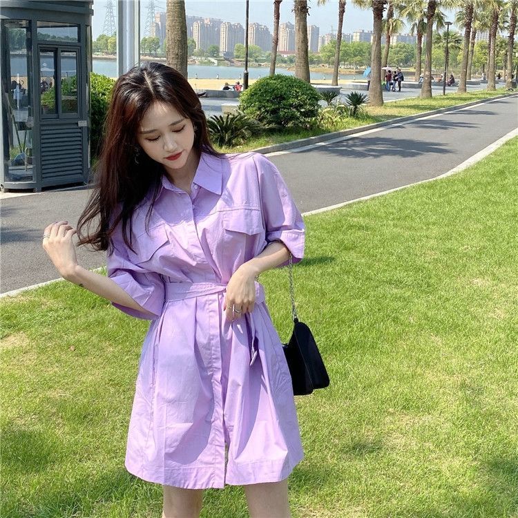 Đầm sơ mi màu trắng thời trang mùa hè phong cách Hàn Quốc dành cho nữ