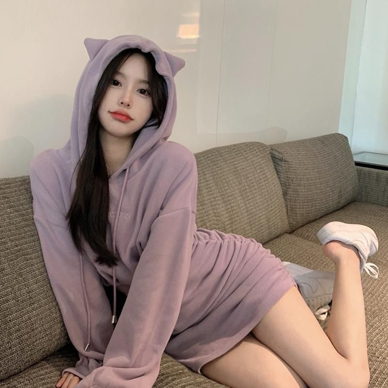 Váy nỉ có mũ tai mèo màu tím siêu cưng