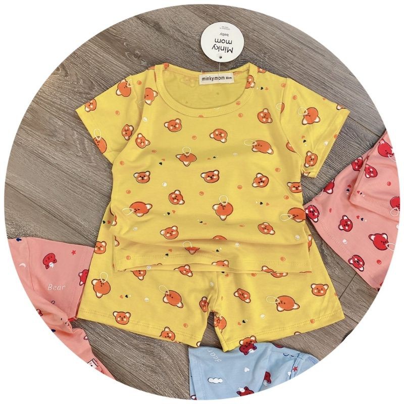Bộ Minky Thun Lạnh in Hình Gấu cho Bé Trai bé gái 8-18kg