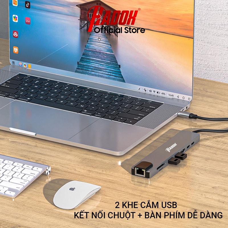 Hub chuyển đổi Type C 8in1 sang USB 3.0 OTG - HDMI - LAN - TypeC PD - Cổng chuyển Type-C cho Macbook, Laptop, Điện thoại