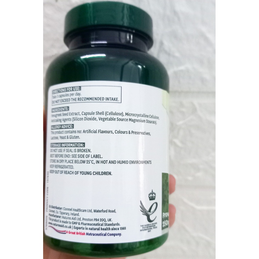 Viên uống lợi sữa thảo dược Fenugreek Natures Aid 500mg lọ 90 viên (Anh). Giúp cải thiện chất lượng sữa