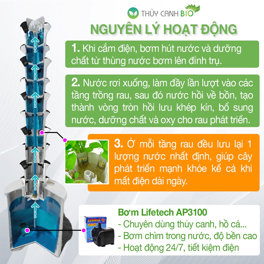 Trụ trồng rau Thủy Canh Bio - 50 hốc trồng rau, giữ nước và chống cúp điện phiên bản 2021