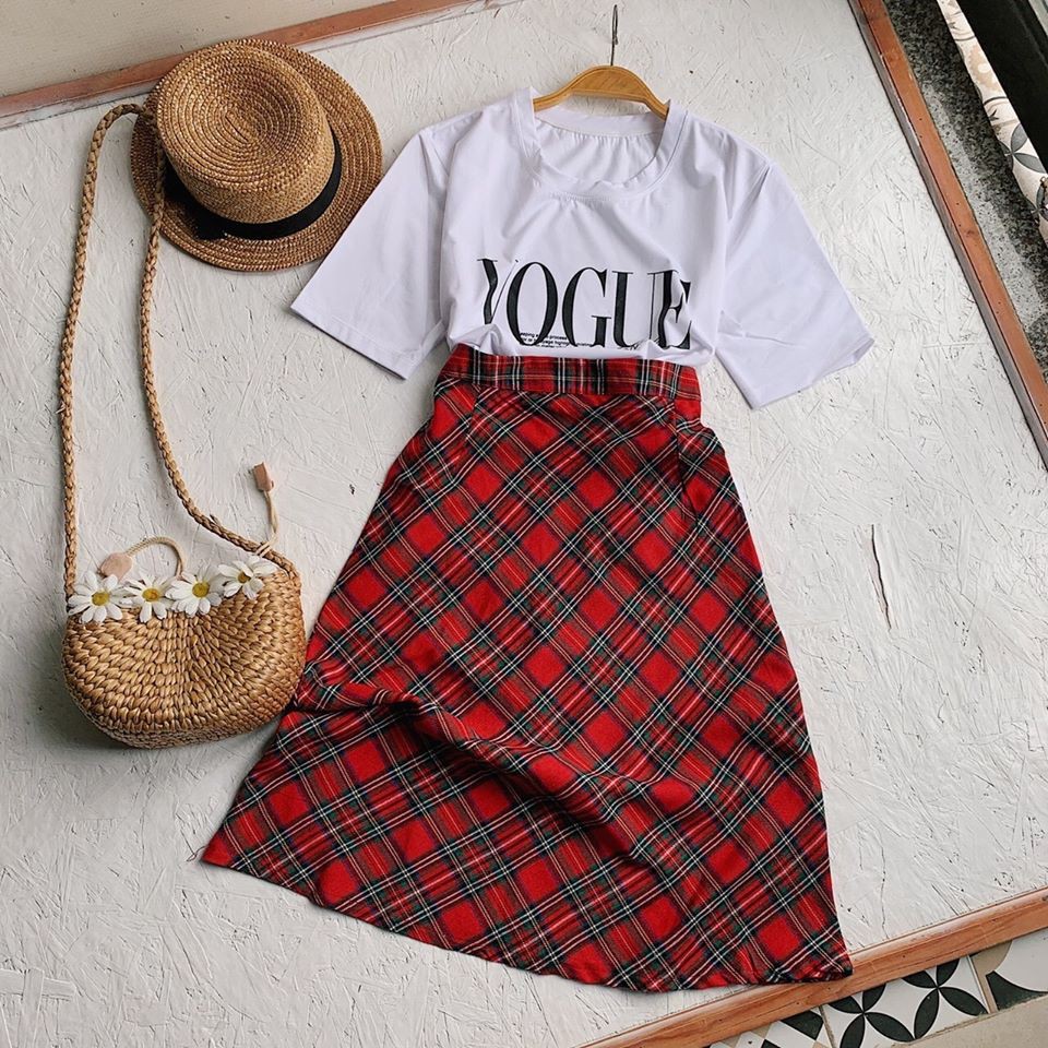 SET ÁO THUN VOGUE CHÂN VÁY CARO
