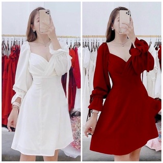 Đầm váy trắng xếp li ngực tay dài