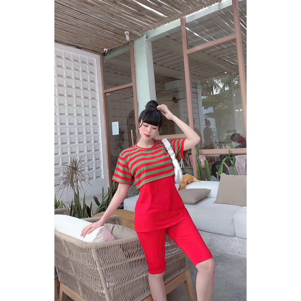 COMBO 3 MÓN: Áo Crop Top + Áo Thun +Quần Ngố, Thun Cotton 100%, 45kg đến 80kg vừa, PL135