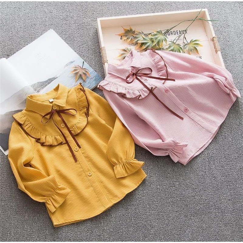 Girls' shirt Korean version stripe Lapel shirt Ruffle 3-15 years old children's spring and autumn cardigan top