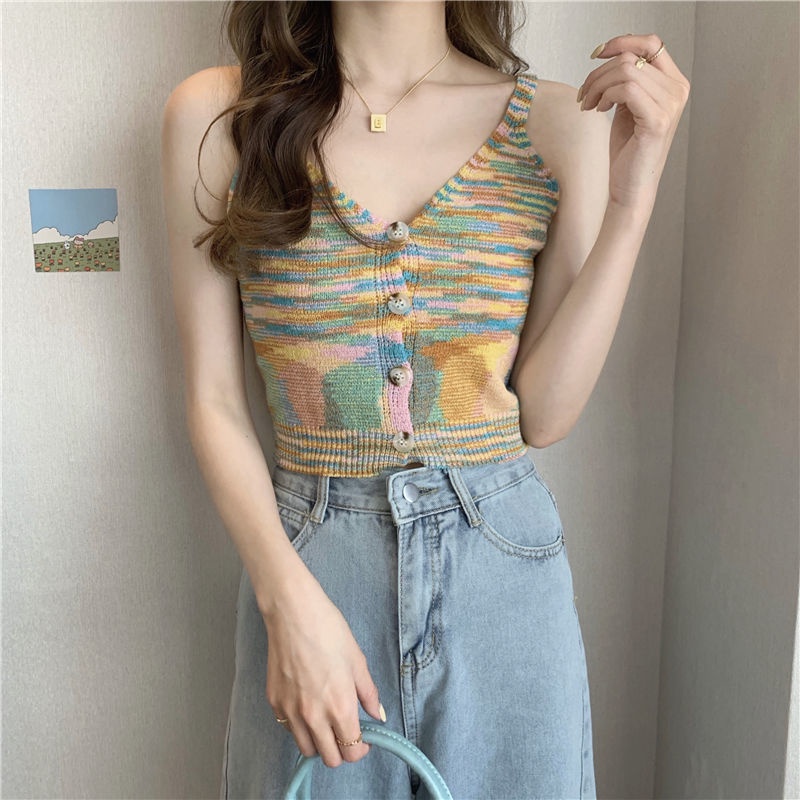 Áo Croptop Dệt Kim Sát Nách Màu Cầu Vồng Thời Trang Mùa Hè Cho Nữ