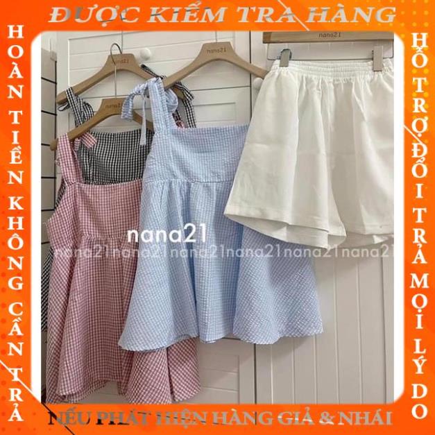 Sét đồ ulzzang Áo baby doll kẻ caro hai dây buộc nơ kèm quần shorts đùi đủ màu siêu đẹp(3 màu) ehana