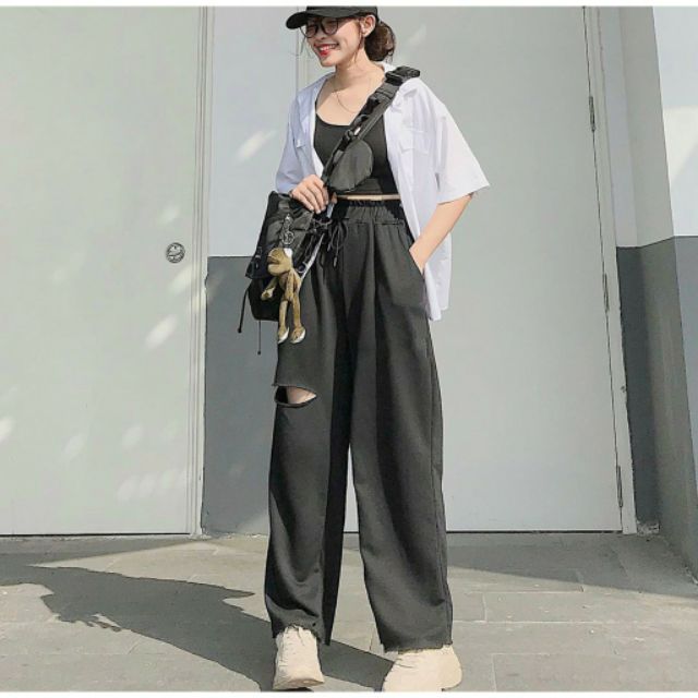Quần ống suông Nỉ rách gối unisex