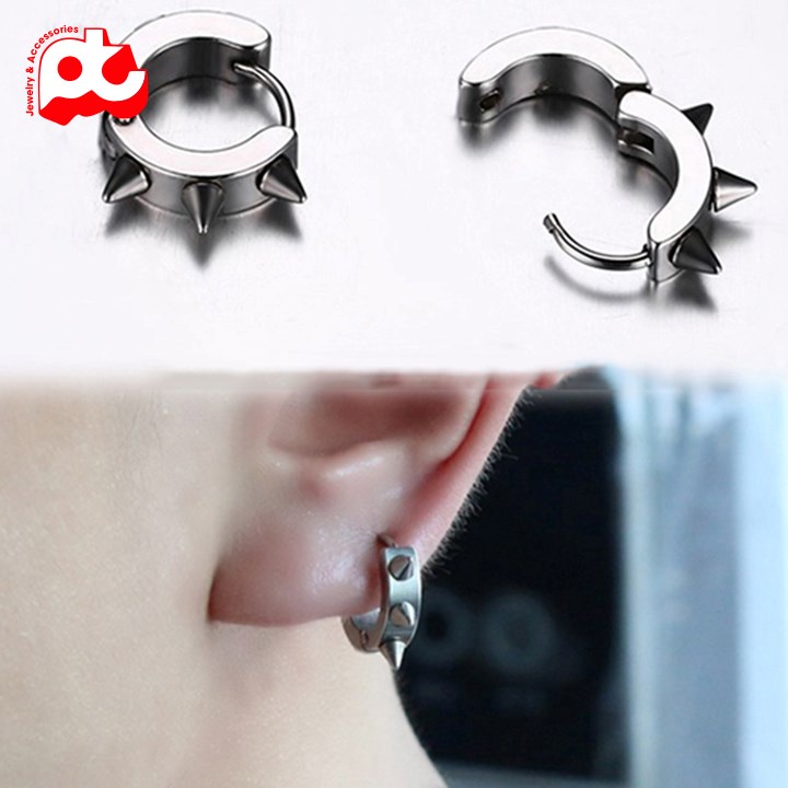 Bông tai nam cao cấp inox thời trang rẻ đẹp titan thép không gỉ kiểu khoen gai trangsucpt màu trắng PTBTNA131