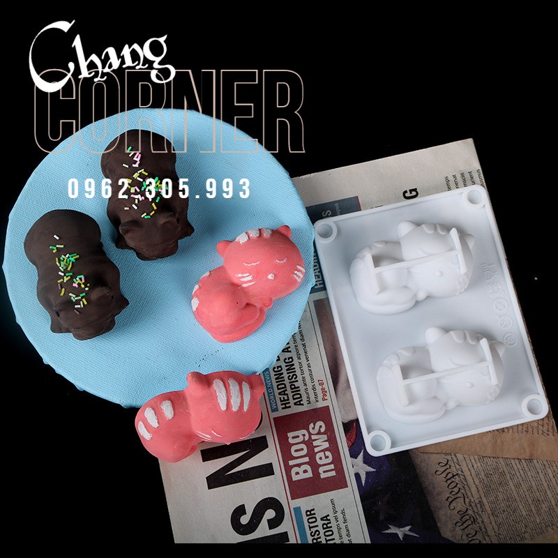 Khuôn nến thơm, khuôn pudding khuôn 3D dễ thương hình mèo 2 ô