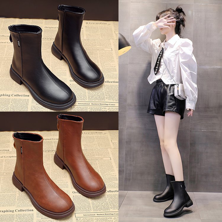 Giày Bốt Chelsea Cổ Thấp Phối Khóa Kéo Sau Phong Cách Retro Thoải Mái Dễ Phối Đồ