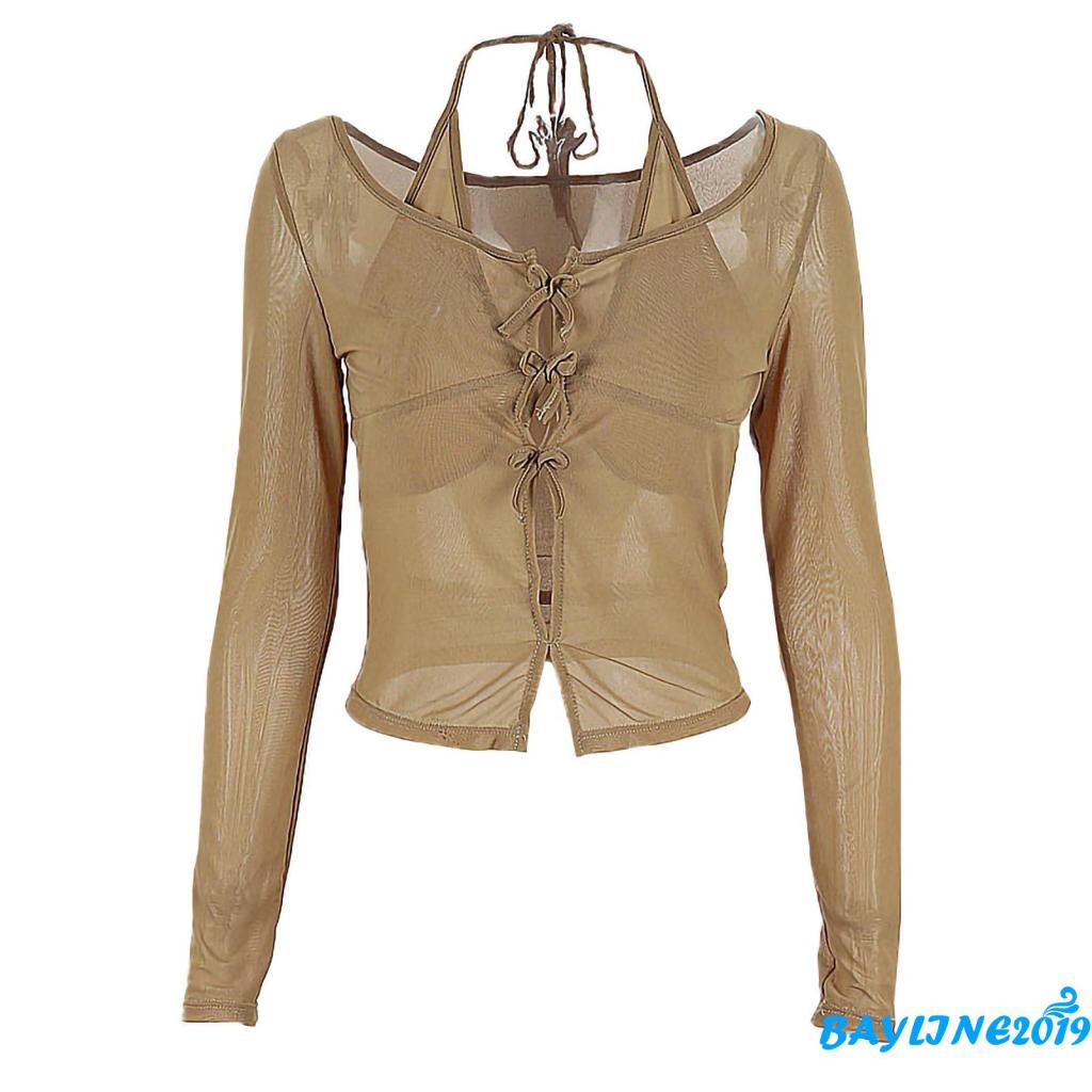 Áo Croptop Tay Dài Màu Trơn Phối Nơ Thời Trang Cho Nữ