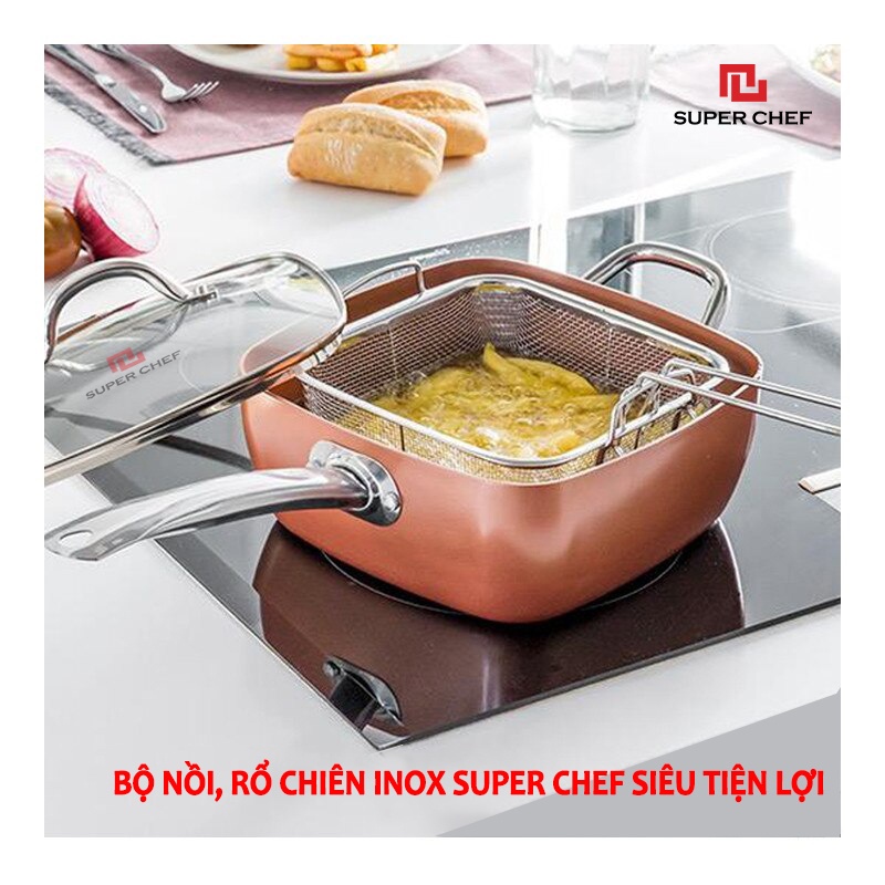 Bộ Nồi Chống Dính và Rổ Chiên Inox Super Chef Siêu Tiện Lợi