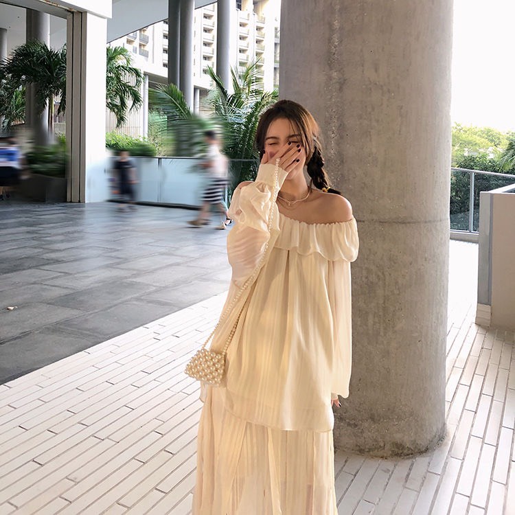 Áo trễ vai nữ bánh bèo tiểu thư chun tay chân váy dài xẻ form rộng phong cách vintage