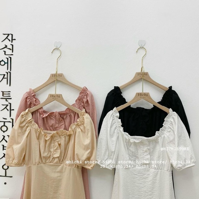 Váy trễ vai cổ bèo tay bồng chất đũi xước siêu mát