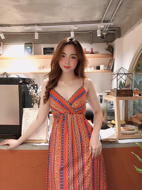 Đầm maxi 2 dây thổ cẩm đi biển bao xinh chất bao đẹp size M L Xl S