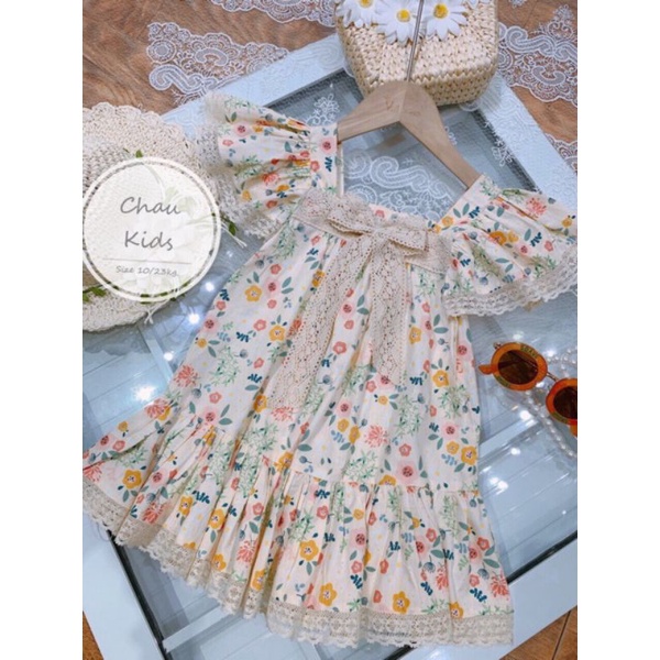 Váy  bé gái - Đầm công chúa 2 dây đính nơ phong cách Hàn Quốc siêu xinh