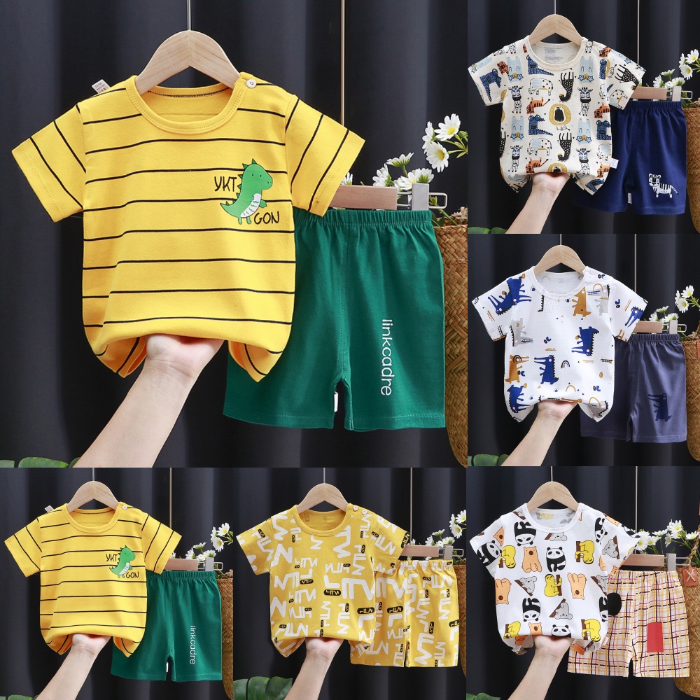 Bộ Đồ 2 Món Áo Thun Cotton Tay Ngắn In Hoạt Hình + Quần Short Cho Bé Trai / Gái