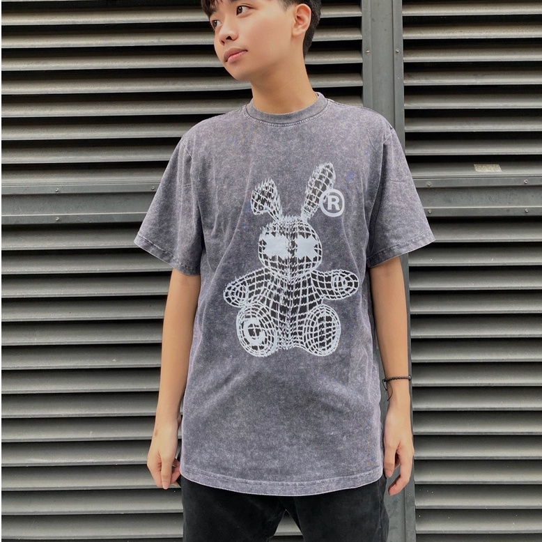 Áo thun Wash loang Thỏ Trắng Zin VG, Áo thun unisex nam nữ form rộng oversize chất liệu Cotton