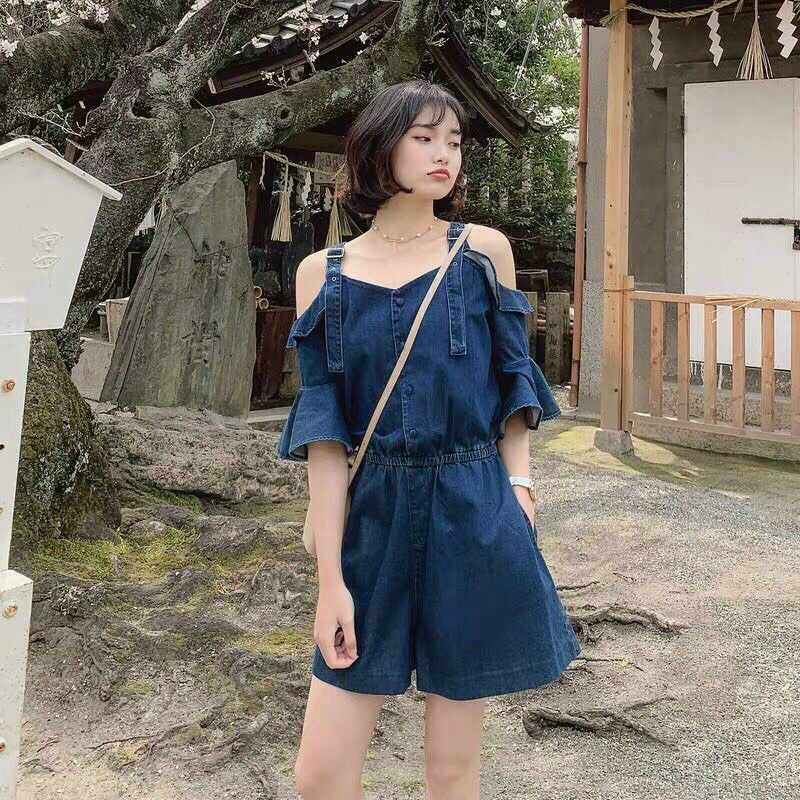 Jumpsuit ngắn, đồ bay nữ vải denim trễ vai tay loe đủ size