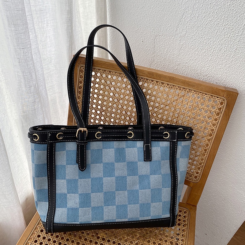 Túi đeo vai IELGY bằng vải canvas cỡ lớn họa tiết kẻ ô đơn giản thời trang cho nữ