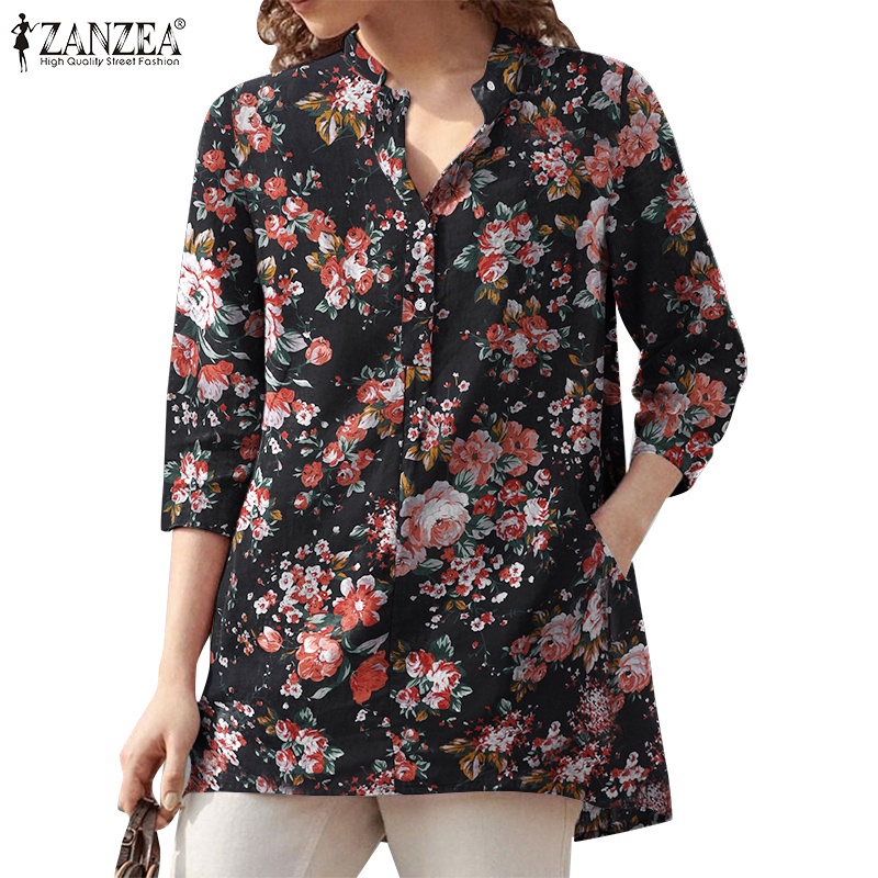 Áo kiểu ZANZEA tay áo 3/4 cổ chữ V in họa tiết hoa đơn giản kiểu vintage dễ phối đồ cho nữ
