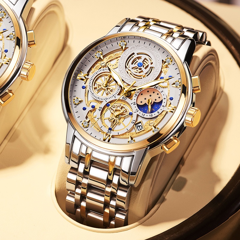 WISHDOIT màu vàng kim dây đeo thép không gỉ/da phong cách doanh nhân chống nước cho đồng hồ nam thạch anh watches