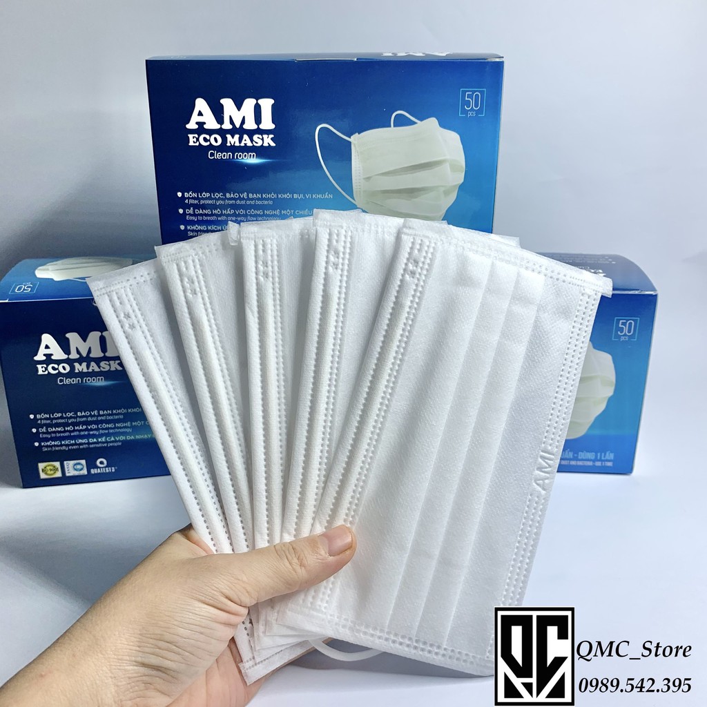 Khẩu trang y tế, Khẩu trang Ami 4 lớp màu trắng, hộp 50c, hàng chính hãng #qmc