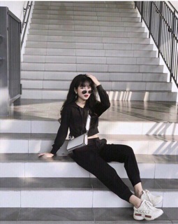 Set croptop hoodie đen trơn