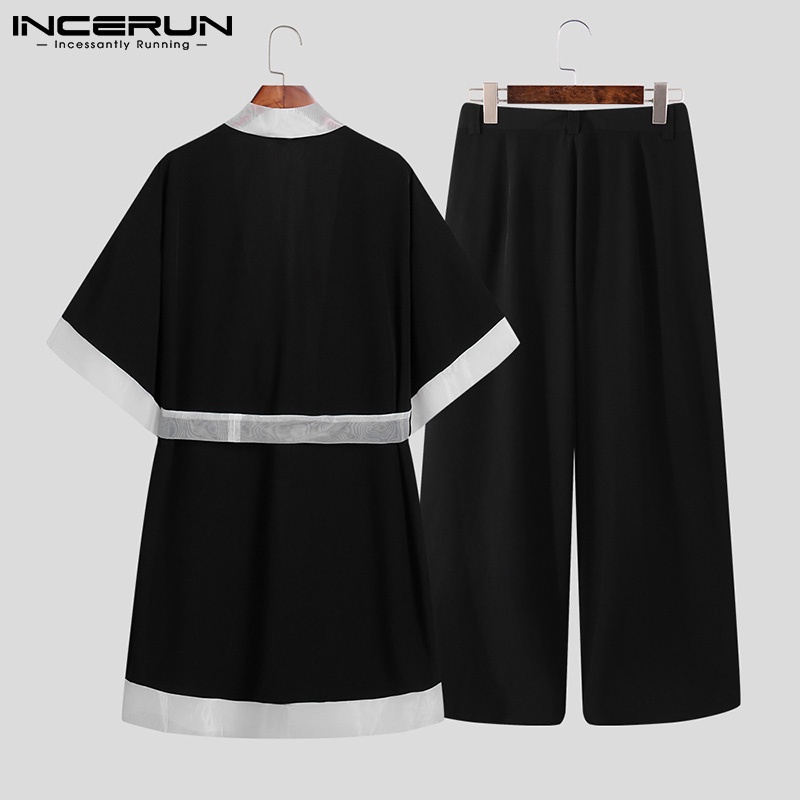 Bộ 2 món INCERUN gồm áo cardigan tay ngắn màu sắc tương phản + quần dài dáng rộng phong cách vintage cho nam