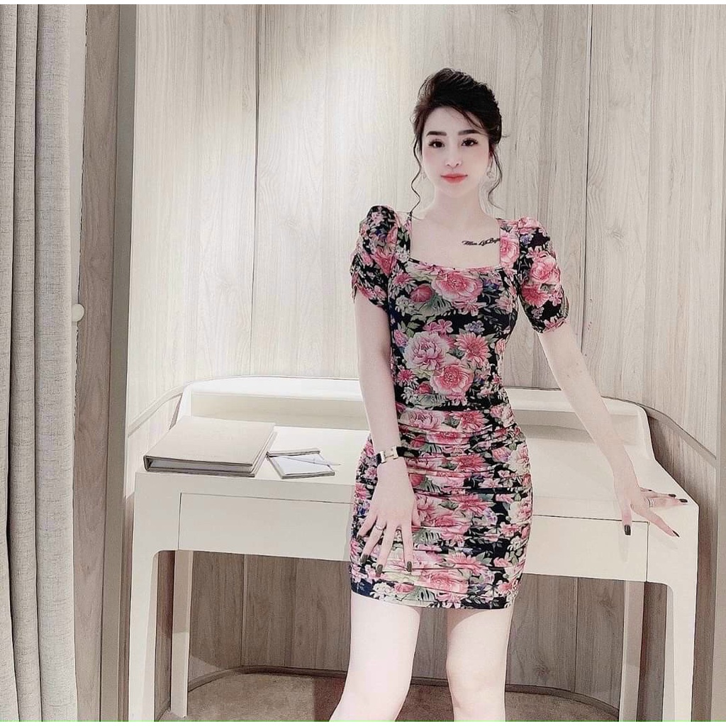 Đầm body cổ vuông đầm xinh họa tiết phối hoa 3 màu đen nure và xanh màu nào cũng tôn dáng tôn da cho chị em đi tiệc phố