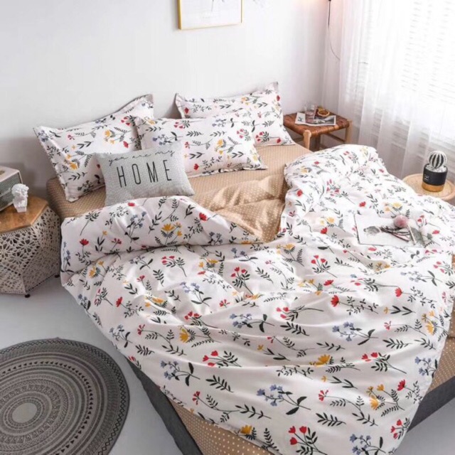 Bộ Chăn Ga Gối Cotton Poly Hoa Nhí Chấm Bi