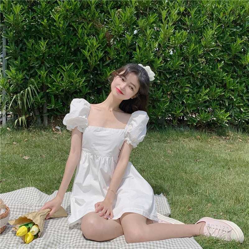 Đầm Nữ Cổ Vuông Tay Phồng Thắt Nơ Eo Thời Trang đầm bầu váy nữ váy bé gái váy dài chân váy dài váy nữ chân váy dài