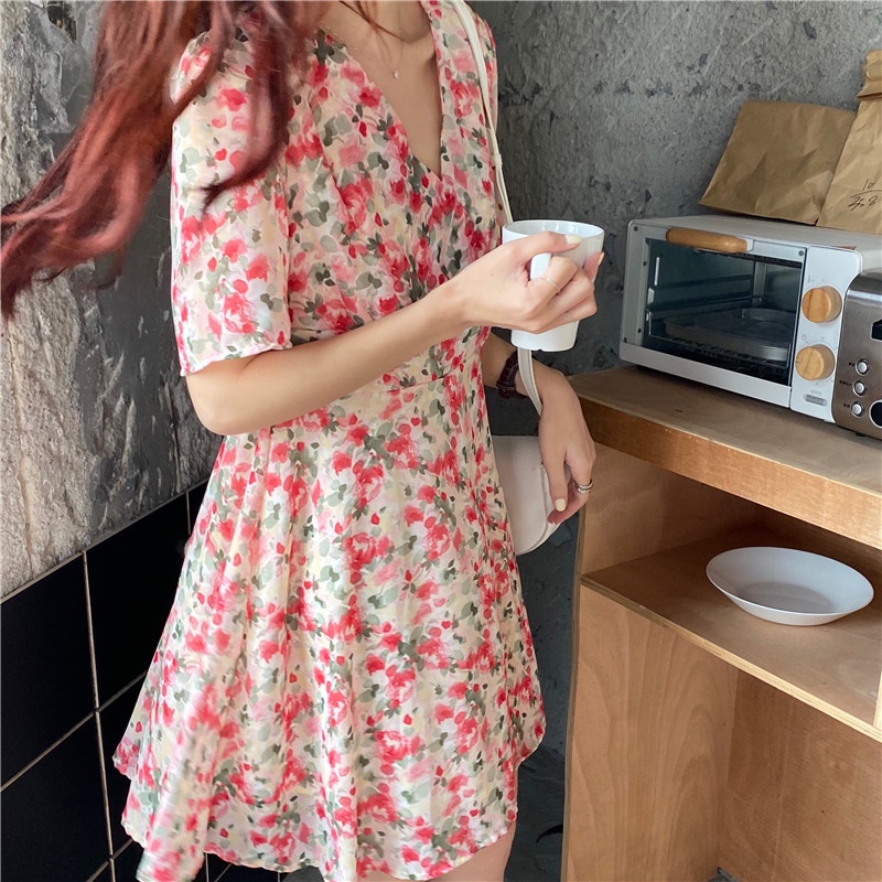 Đầm hoa SUXI tay ngắn cổ chữ V dáng chữ A phong cách cổ điển đơn giản thời trang mùa hè cho nữ