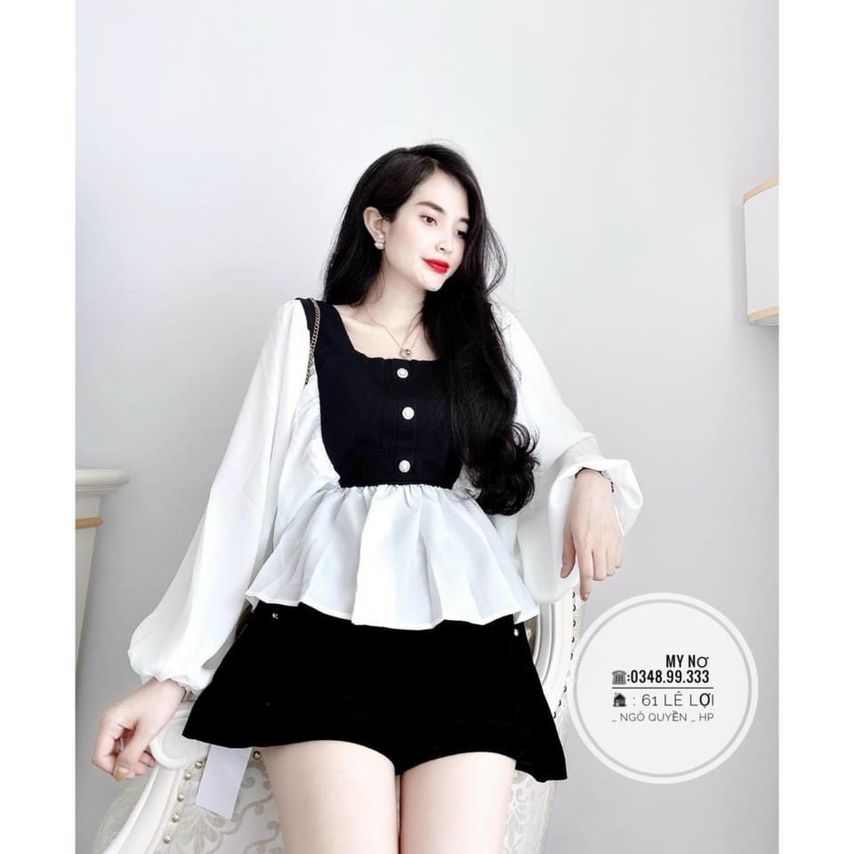 ÁO CỔ VUÔNG ĐEN TRẮNG PHỐI CÚC NGỌC | BigBuy360 - bigbuy360.vn